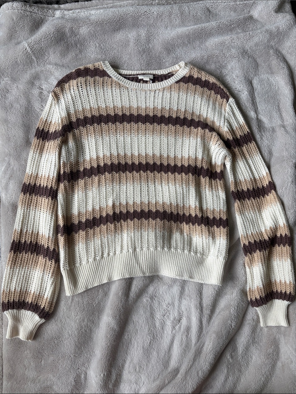 a.n.a Cream Striped Open-Knit Sweater with Brown & Tan Bands